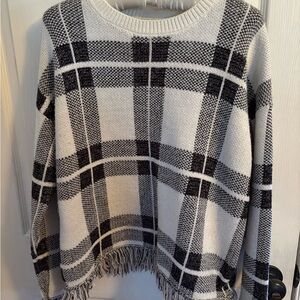 Calvin Klein Black and White Plaid Fringe Crewneck Sweater